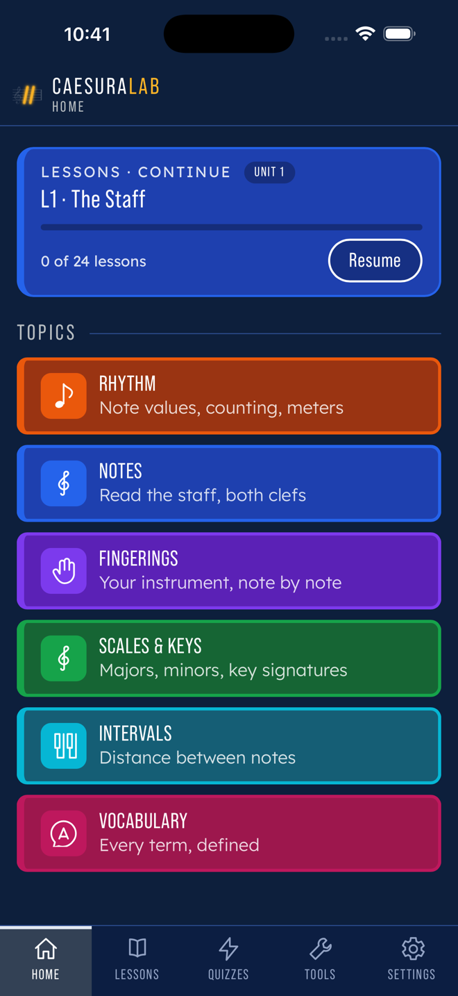The CaesuraLab home screen: a lessons panel and eight colored topic cards