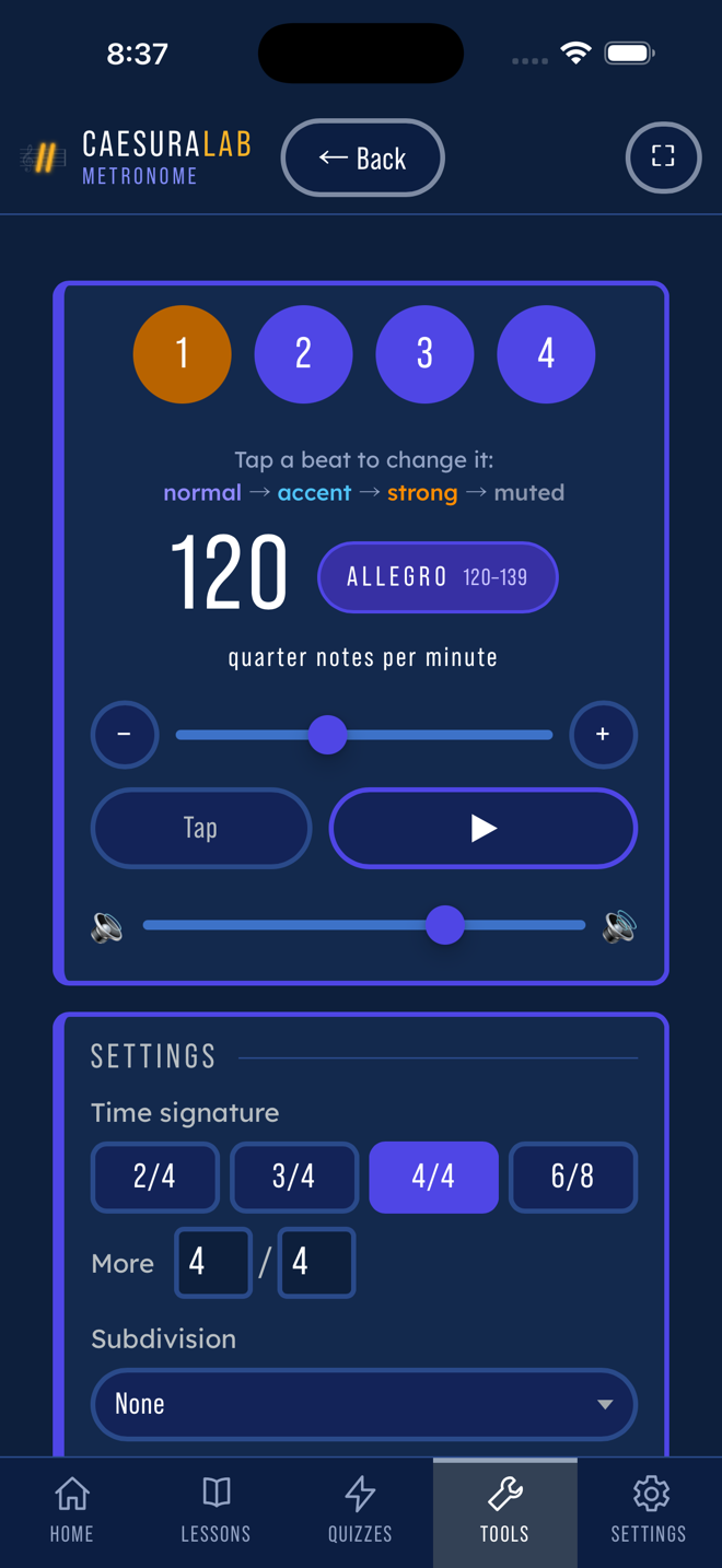 Metronome at 120, Allegro, with beat accents and time signature controls