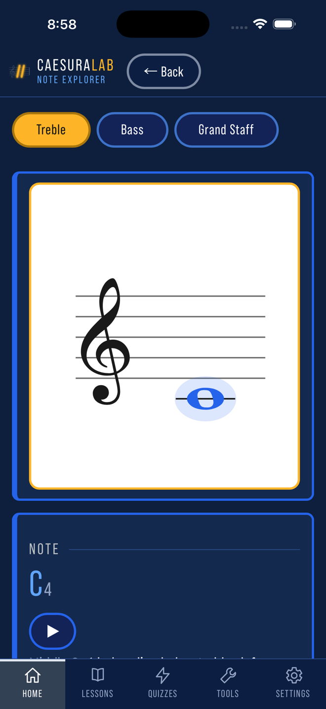 Note Explorer showing C4 on a treble staff with a play button