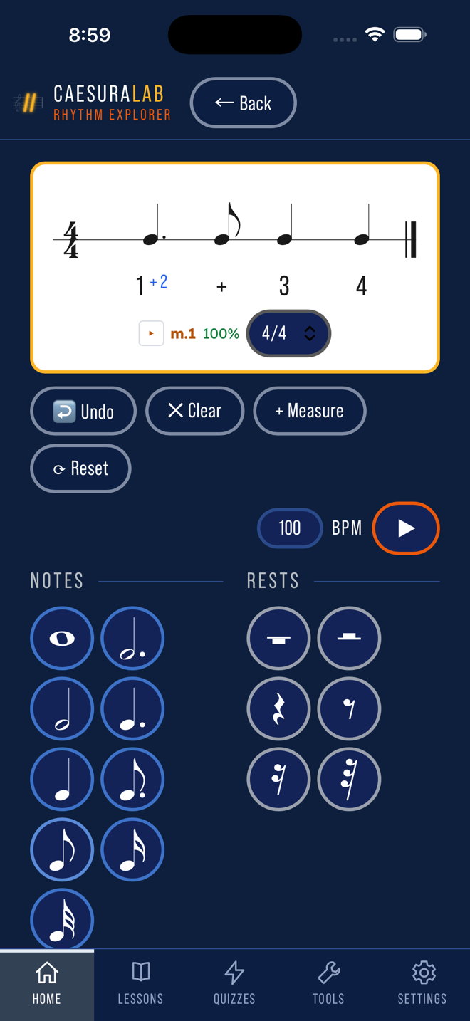 Rhythm Explorer with a measure in 4/4 and its counting, plus note and rest palettes