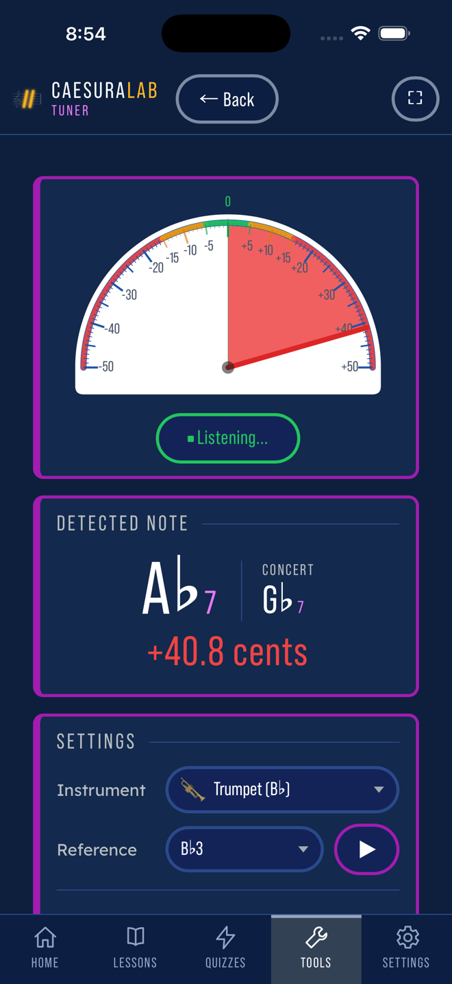 Tuner meter reading a B-flat trumpet, showing written and concert pitch