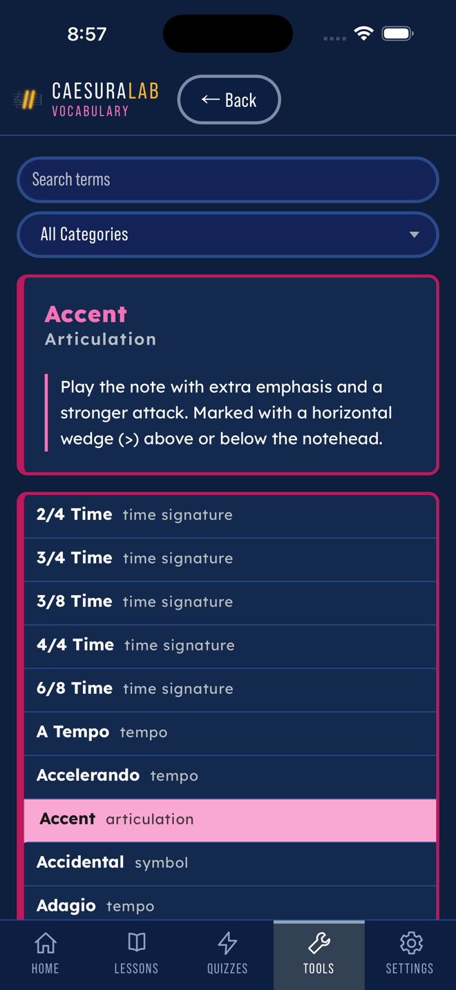 Vocabulary dictionary open to Accent, with the searchable term list below